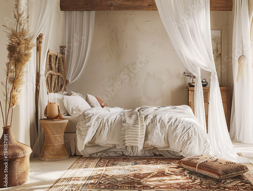 Boho chic bedroom with cozy canopy bed, layered rugs, and relaxed atmosphere. Cozy and stylish.