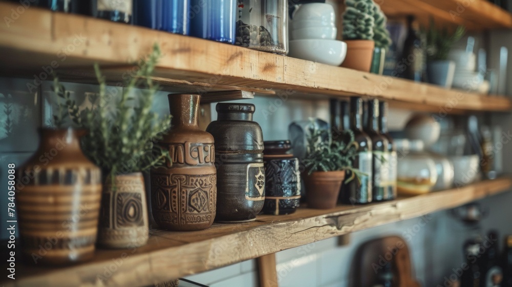 A shelf with many different types of vases and bottles on it, AI