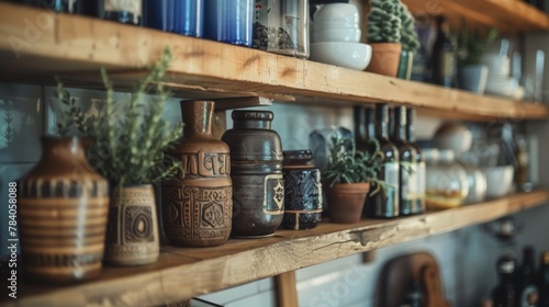 A shelf with many different types of vases and bottles on it, AI
