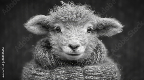  Sheep wearing a sweater, gazes directly