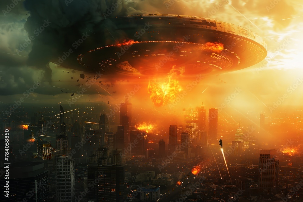 Obraz premium Fictional attack by an alien UFO mothership on a major city.