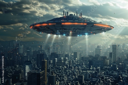 Fictional attack by an alien UFO mothership on a major city.