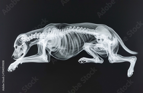 Radiographs, X Ray Picture With Dog's Skeleton for Treatment and Diagnosis. Animal Hospitals, Vet. Pet Scan. AI Generated Puppy Positron Emission Tomography Mockup. Horizontal Plane.  photo