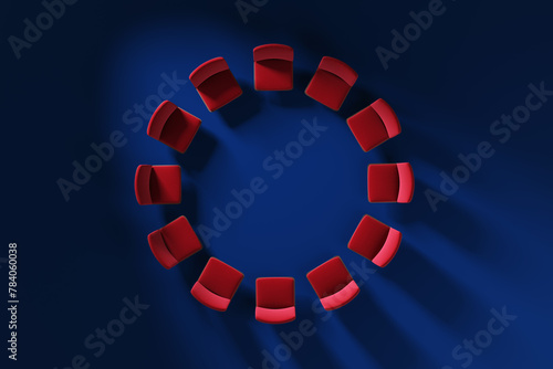 Leadership Concept. The chairs in the hall or auditorium are arranged in a circle, top view. 