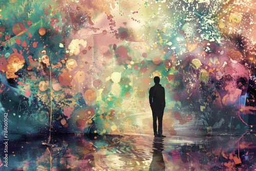 Abstrakte Illustration: Ein Mann steht einsam in einer mysteriösen farbüberflutenden Landschaft. KI generiert. photo