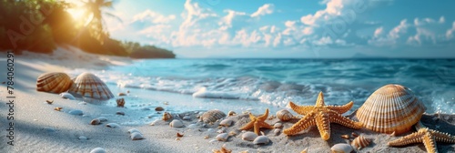 Summer vacation background, seashells and starfish on the beach
