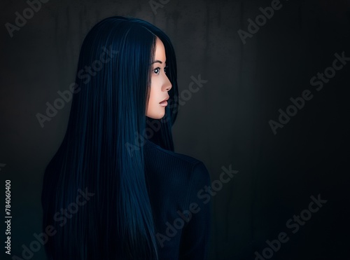 Generated ImageA woman with long black hair standing in front of a dark background. Hair straightening in hairdresser's salon. photo