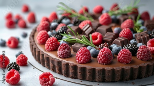  A chocolate tart, garnished with raspberries and blueberries, sits atop a table Nearby, an arrangement of additional raspberries is displayed
