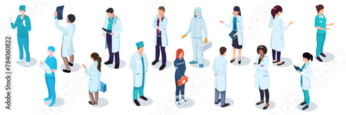 A variety of medical professionals in isometric style, set on a plain white background, illustrating healthcare and teamwork. Vector illustration