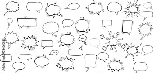 Vector chat speech or dialogue. Set of hand-drawn speech bubbles. There are icons such as arrows  dots  and sparkles.