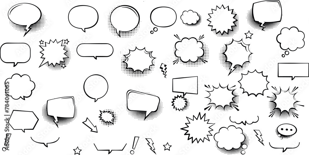 Fototapeta premium Vector chat speech or dialogue. Set of hand-drawn speech bubbles. There are icons such as arrows, dots, and sparkles.