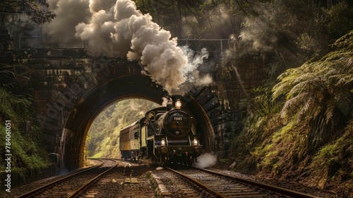Tunnel Passage: Photograph the vintage train as it emerges from a tunnel, with steam dramatically escaping from the entrance. Generative AI