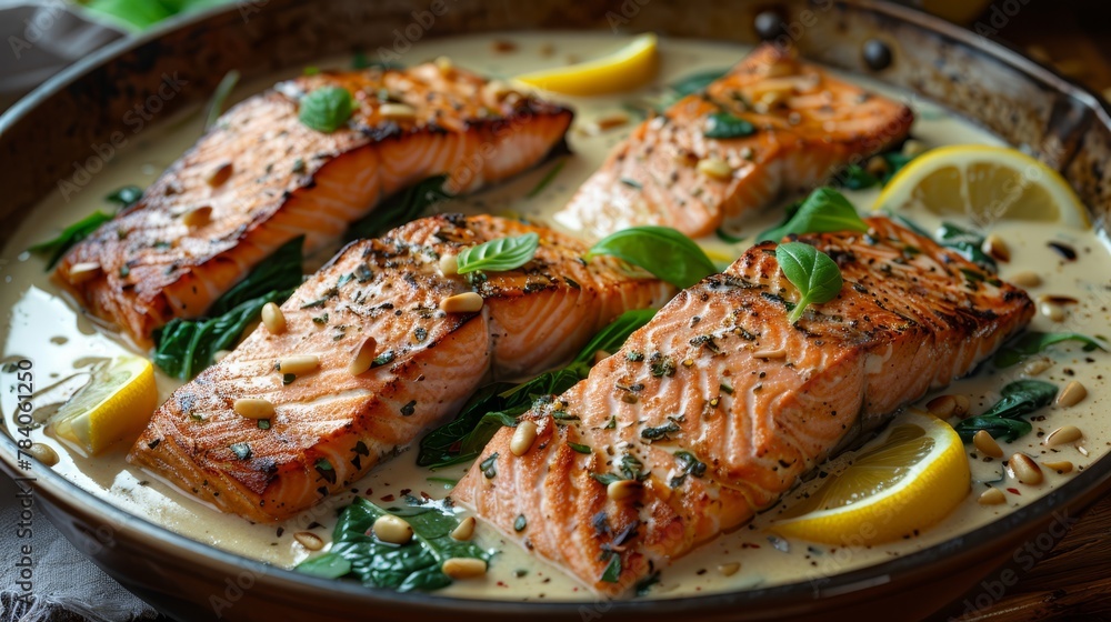 A tight shot of succulent salmon on a dish, accompanied by lemon wedges and decorative garnishes A tight shot of succulent salmon on a dish, accompanied by lemon wedges and decorative garnishes