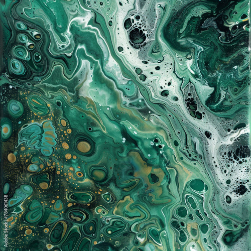 Acrylic Fluid Art. Green waves and bubbles flow