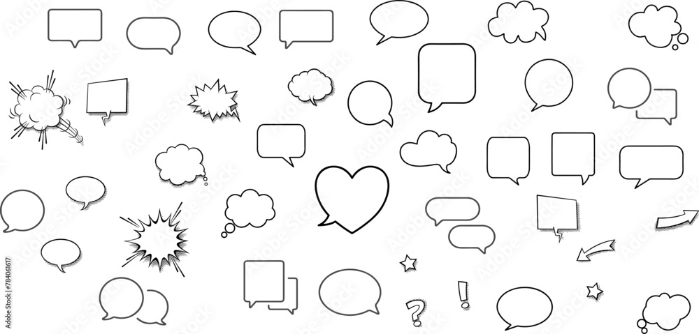 Vector chat speech or dialogue. Set of hand-drawn speech bubbles. There are icons such as arrows, dots, and sparkles. Vector chat speech or dialogue. Set of hand-drawn speech bubbles. There are icons such as arrows, dots, and sparkles.