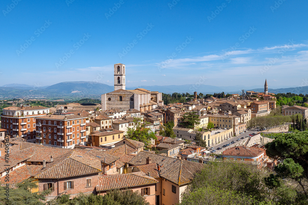  view of the ancient cityscape of perugia and the Umbrian valley to the south on a sunny spring day 