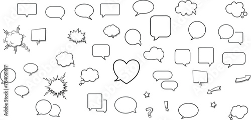 Vector chat speech or dialogue. Set of hand-drawn speech bubbles. There are icons such as arrows, dots, and sparkles.