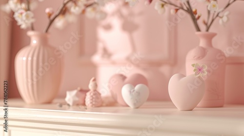 A shelf with three vases and a heart shaped decoration on it, AI