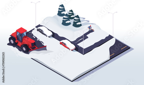 Isometric illustration of snow removal process with vehicles, trees and streetlamp on a light background, concept of winter services. Vector illustration