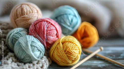 Color yarn balls and knitting needles