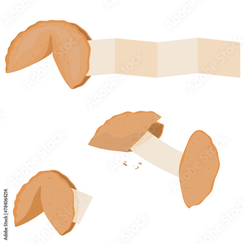 three fortune cookies with blank pieces of paper to introduce luck. Chinese tradition. (ID: 784064214)