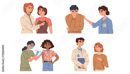 A vector illustration showcasing different healthcare scenarios with doctors and patients, on a plain background, medical concept. Vector illustration