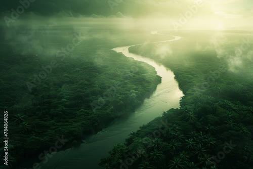 Majestic Aerial View of Tropical Rainforest and River  Nature Background