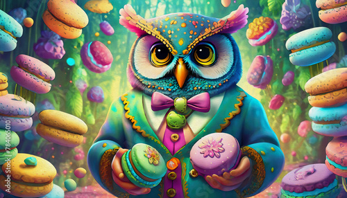 oil painting style cartoon character Multicolored owl confectioner showcases perfectly crafted Macaroons