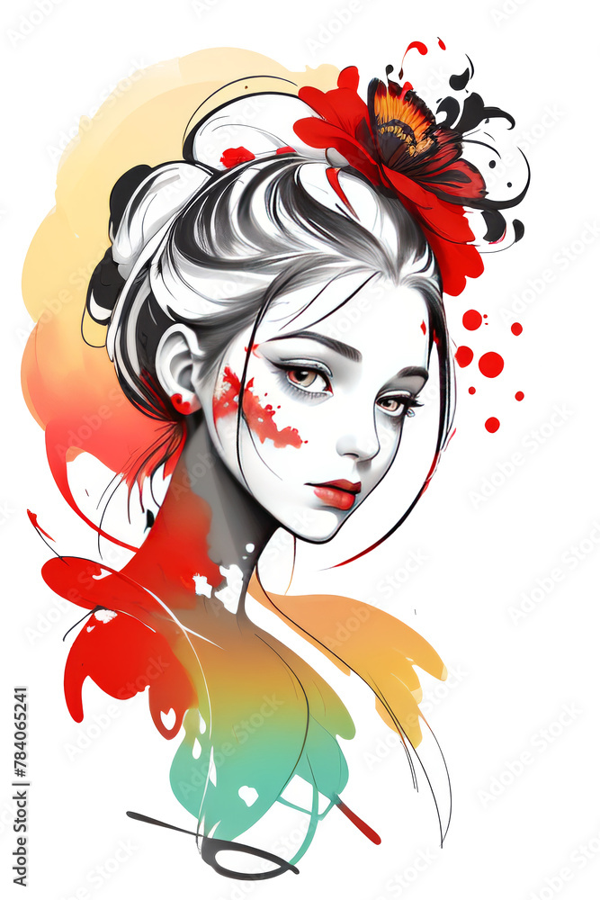 A woman with a flowers. Multicolored art. A sketch. Fashionable print.