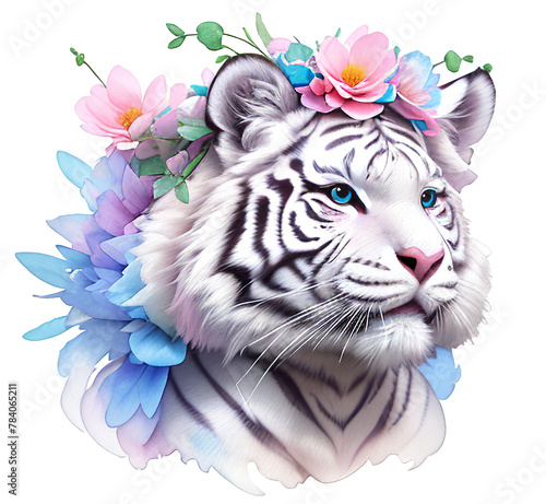 A white tiger with delicate flowers on its head. High-quality, stylish art in delicate colors.