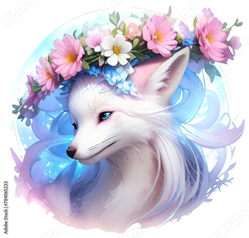 A white fox with delicate flowers on its head. High-quality, stylish art in delicate colors.