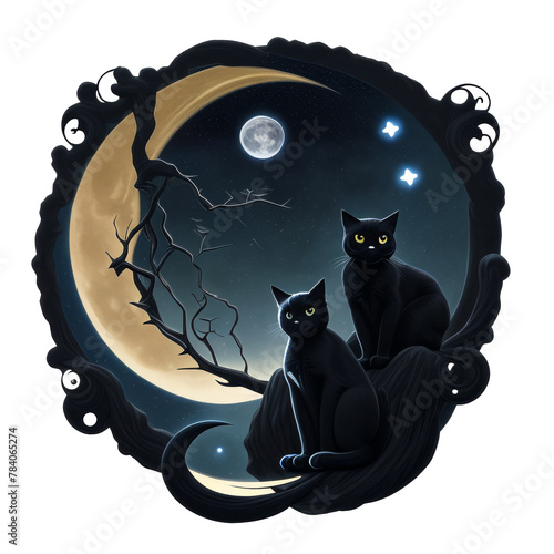 Two black cats are sitting on a tree in the moonlight. Halloween. Gothic, mystical print. Art