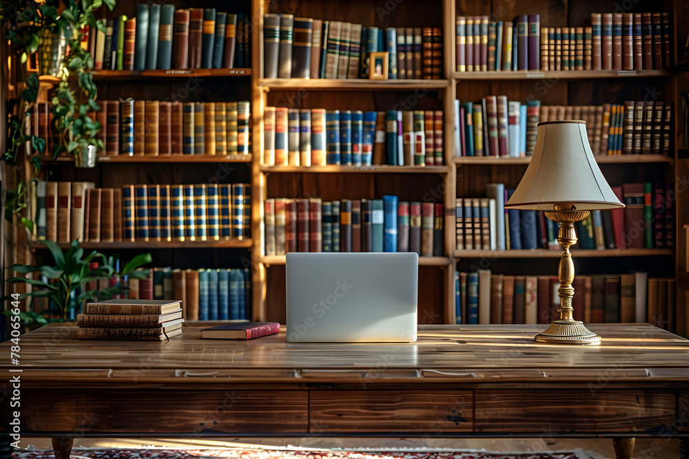 Books and laptop in a library with a teacher's day theme, symbolizing education and e-learning. Books and laptop in a library with a teacher's day theme, symbolizing education and e-learning.