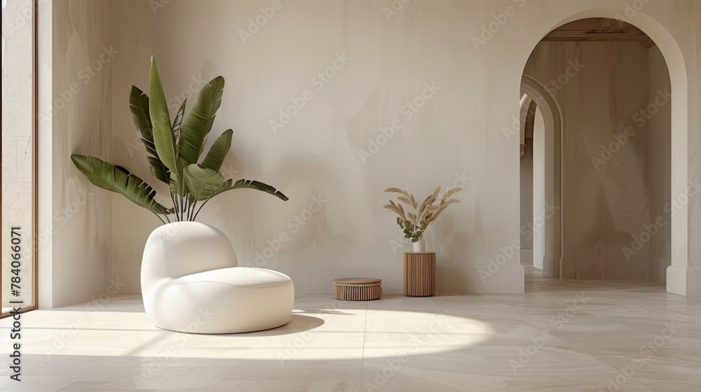 A white chair sitting in a room with some plants, AI A white chair sitting in a room with some plants, AI