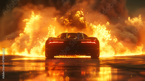 a dramatic scene where a sleek sports car is engulfed in flames and smoke.