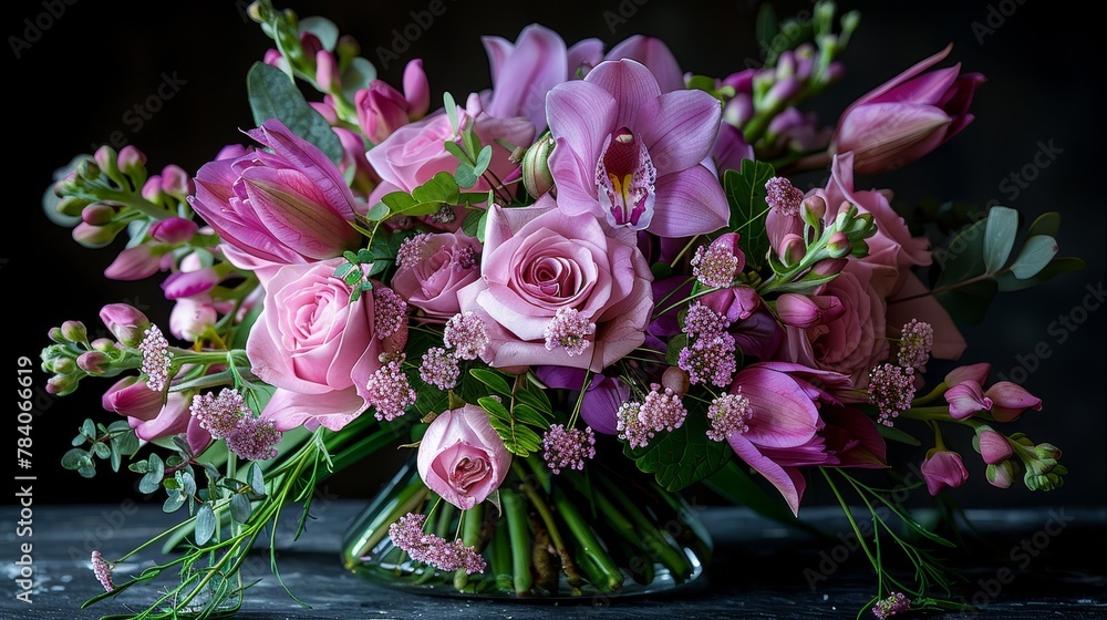   A wooden table holds a vase brimming with numerous pink blooms Adjacent, another vase displays similar pink flowers