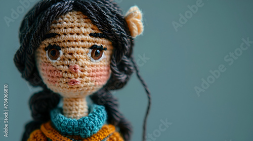 crochet figurine of Julie Chen copy space