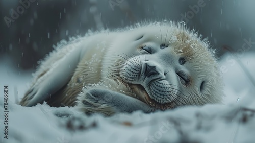   A seal lying in the snow with its head back and eyes closed photo