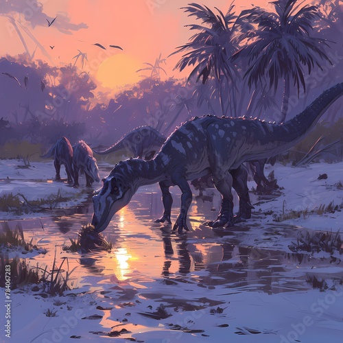 Enchanting Dusk Scene Featuring a Group of Allosaurs Drinking from a Calm Stream with a Glowing Sky in the Background