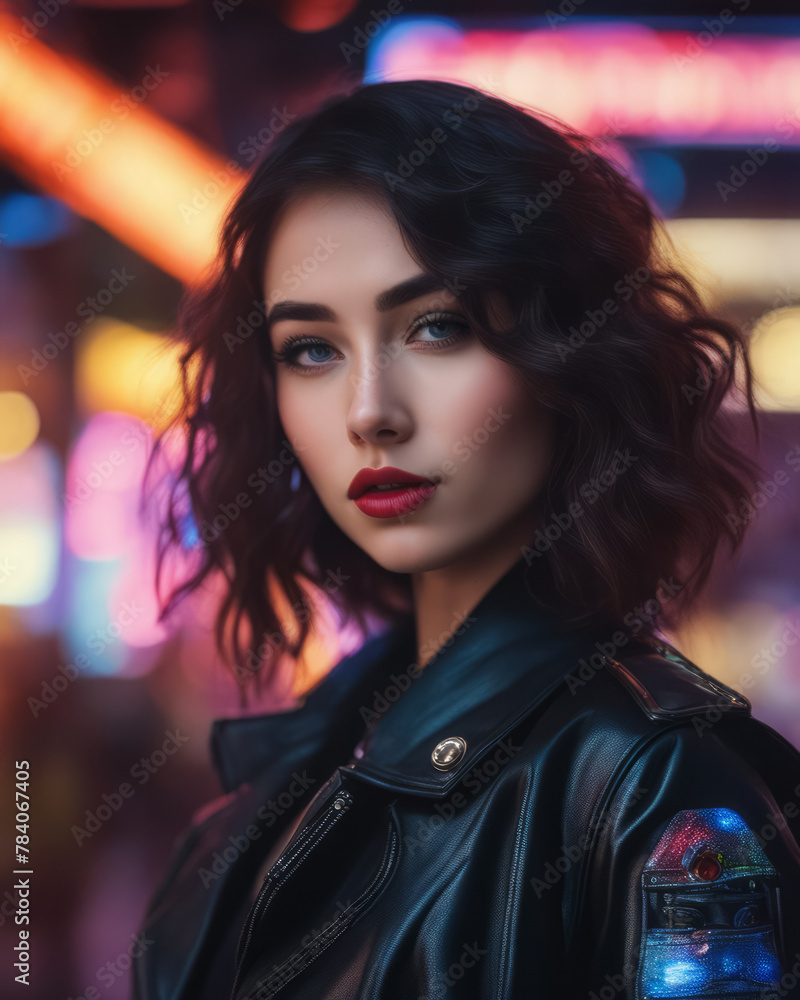 Portrait of a Girl in a Leather Jacket Against Bright Neon Lights Portrait of a Girl in a Leather Jacket Against Bright Neon Lights