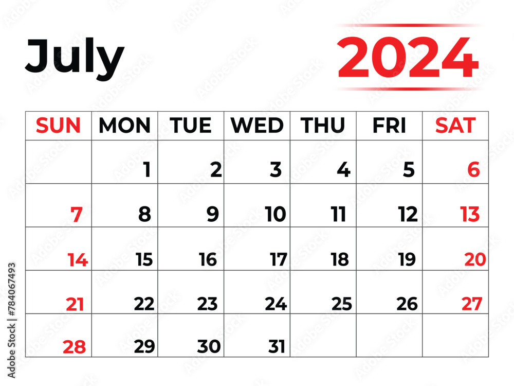 July 2024 monthly calendar design in clean look July 2024 monthly calendar design in clean look