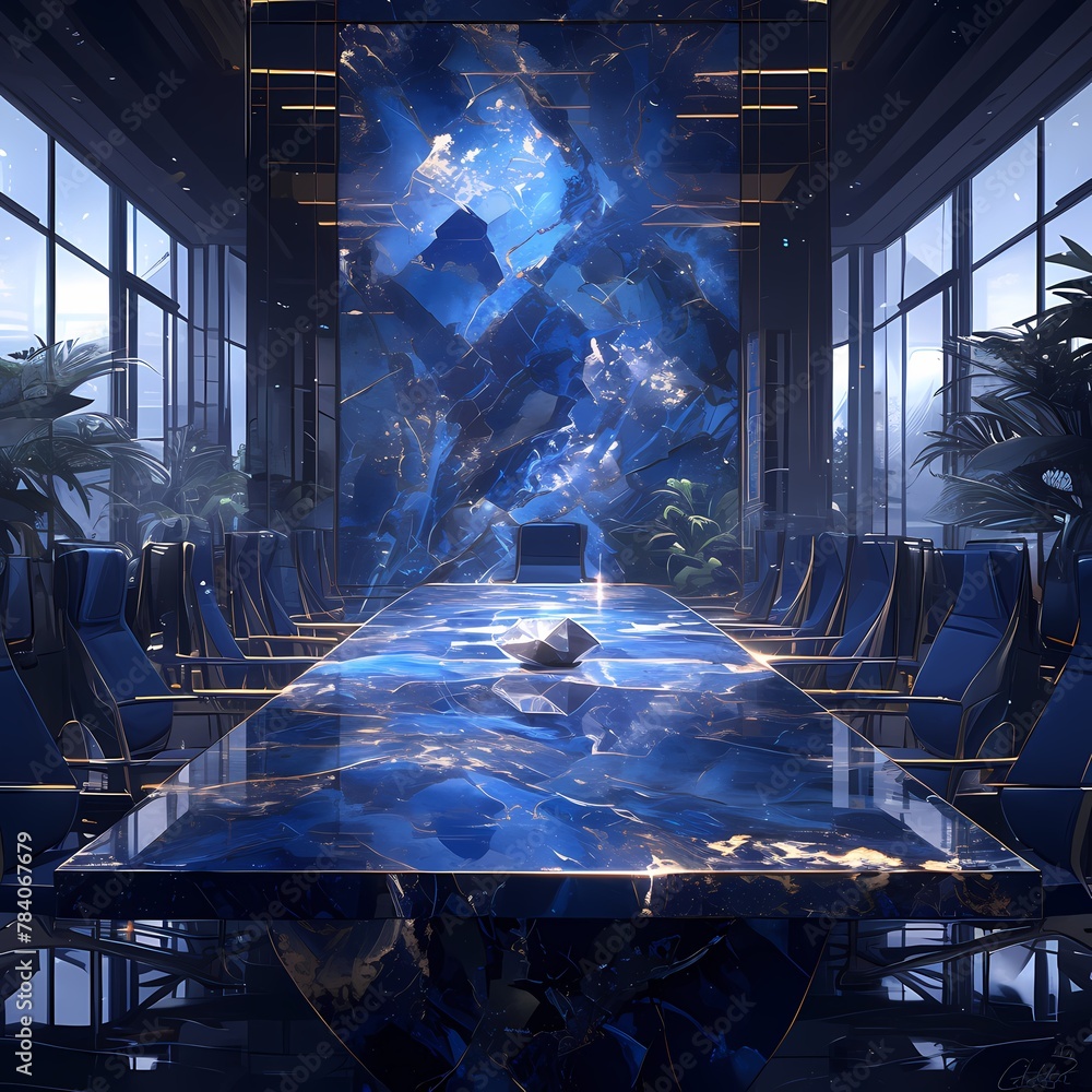 A Luxurious Corporate Office Space Featuring a Stunning Lapis and Gold Marble Table and Wall - obrazy, fototapety, plakaty 