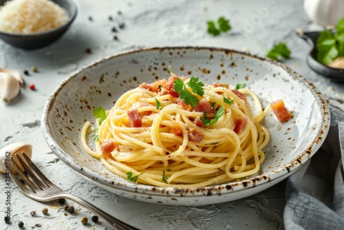 Delicious Spaghetti Carbonara on Table, Italian Cuisine Concept