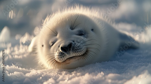   A tight shot of a seal nestled in the snow, its face turned toward the camera with closed eyes photo