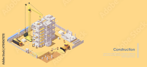 Isometric vector illustration of a construction site with workers, machinery, and building structure on yellow background, concept of urban development. Vector illustration