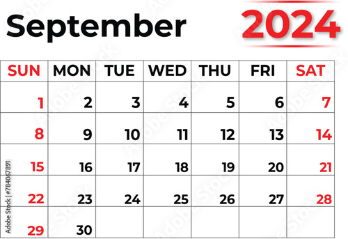 September 2024 monthly calendar design in clean look