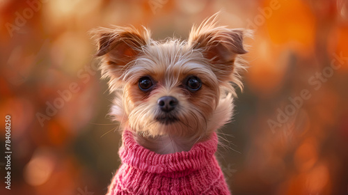 Cute dog in a sweater with a pink belly photo