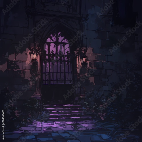 Gothic Archway of a Haunted Castle with Flickering Lights and Mysterious Atmosphere