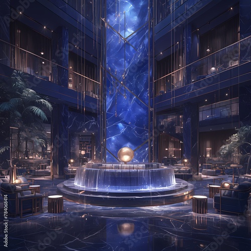 Elegant Building Lobby with Blue Marble Wall and Waterfall Centerpiece photo