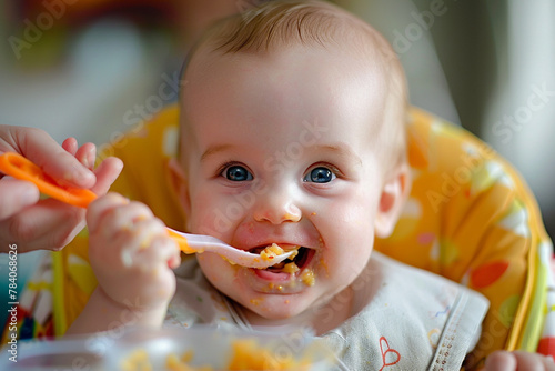 A cute baby taking their first bite of solid food, with the mom's encouraging smile and spoon poised in the air.